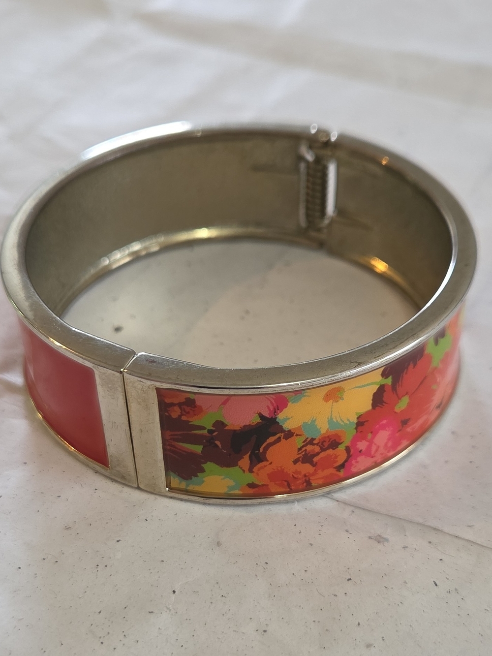 Floral Coral Enamel Hinged Bangle Bracelet